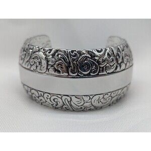 Lia Sophia Silver Tone Wide Cuff Bracelet Engraved Scroll Design With Box